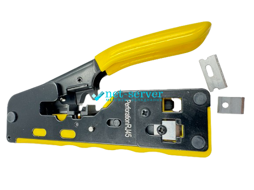Crimping tool for RJ45/RJ12 feed-through connectors with cutter and ring clamp, yellow NET-HT-002TU