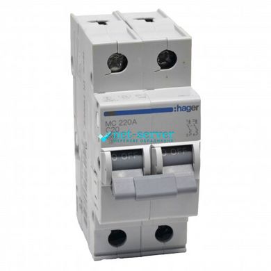 Circuit breaker In = 20 A, 2p, C, 6 kA, 2m, Hager MC220A