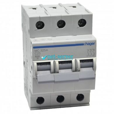 Circuit breaker In = 25 A, 3p, C, 6 kA, 3m, Hager MC325A