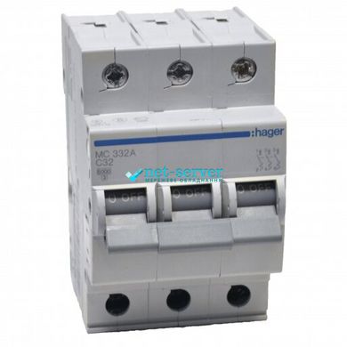 Circuit breaker In = 32 A, 3p, C, 6 kA, 3m, Hager MC332A