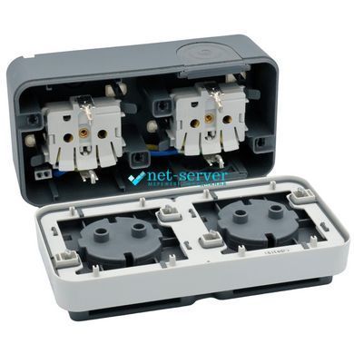 Фото Розетка зовнішня подвійна Schuko Hager W.1, горизонтальна, IP55, 16A 250V, сіра, з кришкою, 47843515 &ndash; купити з доставкою по Україні в інтернет-магазині Net-server