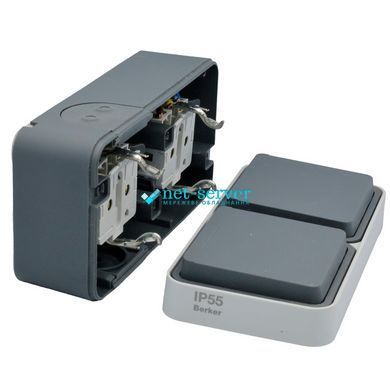 Фото Розетка зовнішня подвійна Schuko Hager W.1, горизонтальна, IP55, 16A 250V, сіра, з кришкою, 47843515 &ndash; купити з доставкою по Україні в інтернет-магазині Net-server