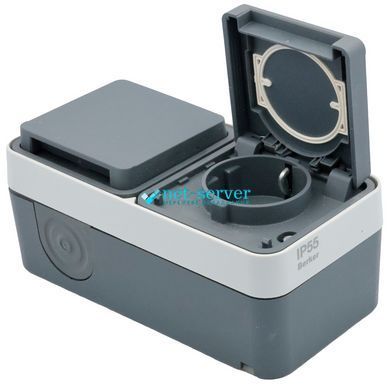 Фото Розетка зовнішня подвійна Schuko Hager W.1, горизонтальна, IP55, 16A 250V, сіра, з кришкою, 47843515 &ndash; купити з доставкою по Україні в інтернет-магазині Net-server