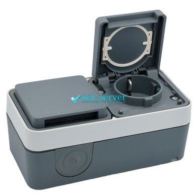 Фото Розетка зовнішня подвійна Schuko Hager W.1, горизонтальна, IP55, 16A 250V, сіра, з кришкою, 47843515 &ndash; купити з доставкою по Україні в інтернет-магазині Net-server