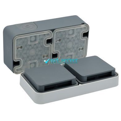 Фото Розетка зовнішня подвійна Schuko Hager W.1, горизонтальна, IP55, 16A 250V, сіра, з кришкою, 47843515 &ndash; купити з доставкою по Україні в інтернет-магазині Net-server