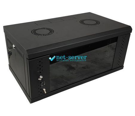Фото Шафа настінна 19", 6U, Ш600хГ350хВ370, розбірний, економ, скло, чорна ES-Е635B &ndash; купити з доставкою по Україні в інтернет-магазині Net-server