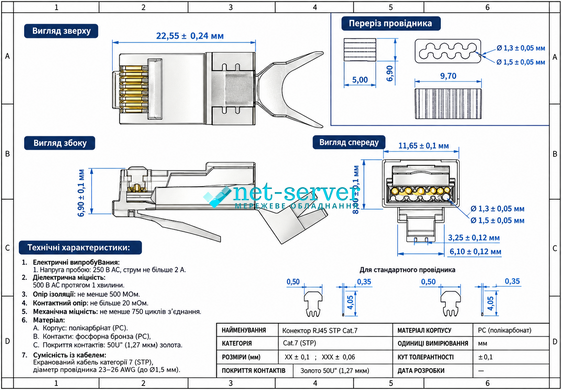Photo of RJ45 STP Cat.7 pass-through connector, with insert, for conductors in insulation up to 1.5 mm, Net-Server NS-RJ45-STP-150 &ndash; buy online with delivery across Ukraine at Net-server