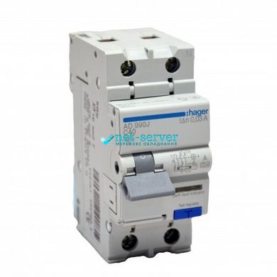 Дифференциальный автоматический выключатель 1 + N, 40A, 30mA, C, 6 KA, A, 2м, Hager AD990J