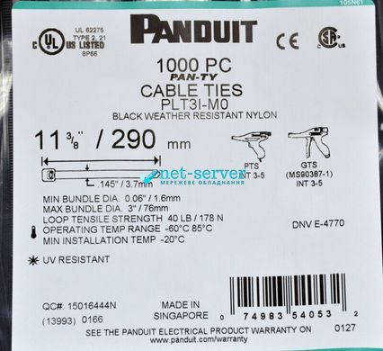 Стяжка атмосферостійка 290 x 3.6 мм, 1000 шт, черный, Panduit PLT3I-M0