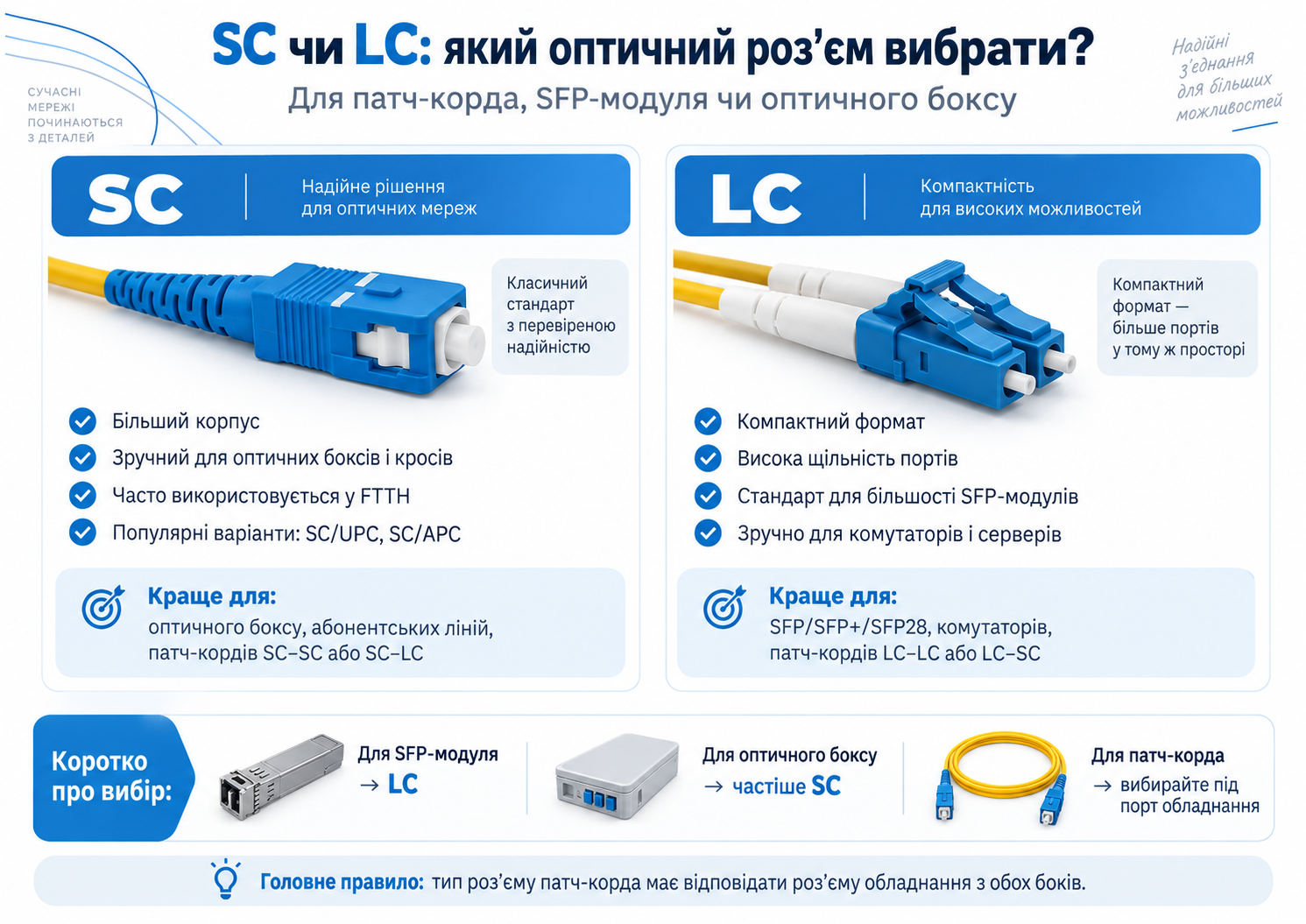 SC чи LC: який оптичний роз’єм вибрати для патч-корда, SFP-модуля чи оптичного боксу