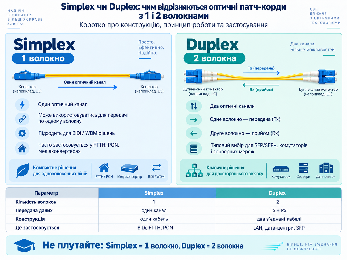 Simplex чи Duplex: чим відрізняються оптичні патч-корди з 1 і 2 волокнами