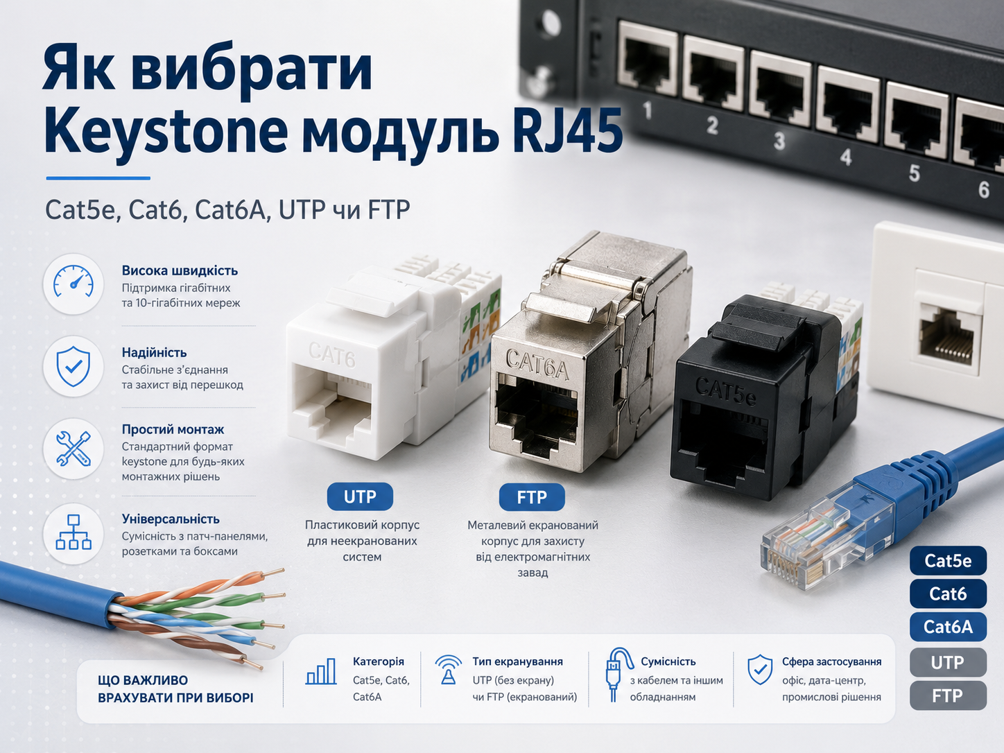Як вибрати Keystone модуль RJ45: Cat5e, Cat6, Cat6A, UTP чи FTP
