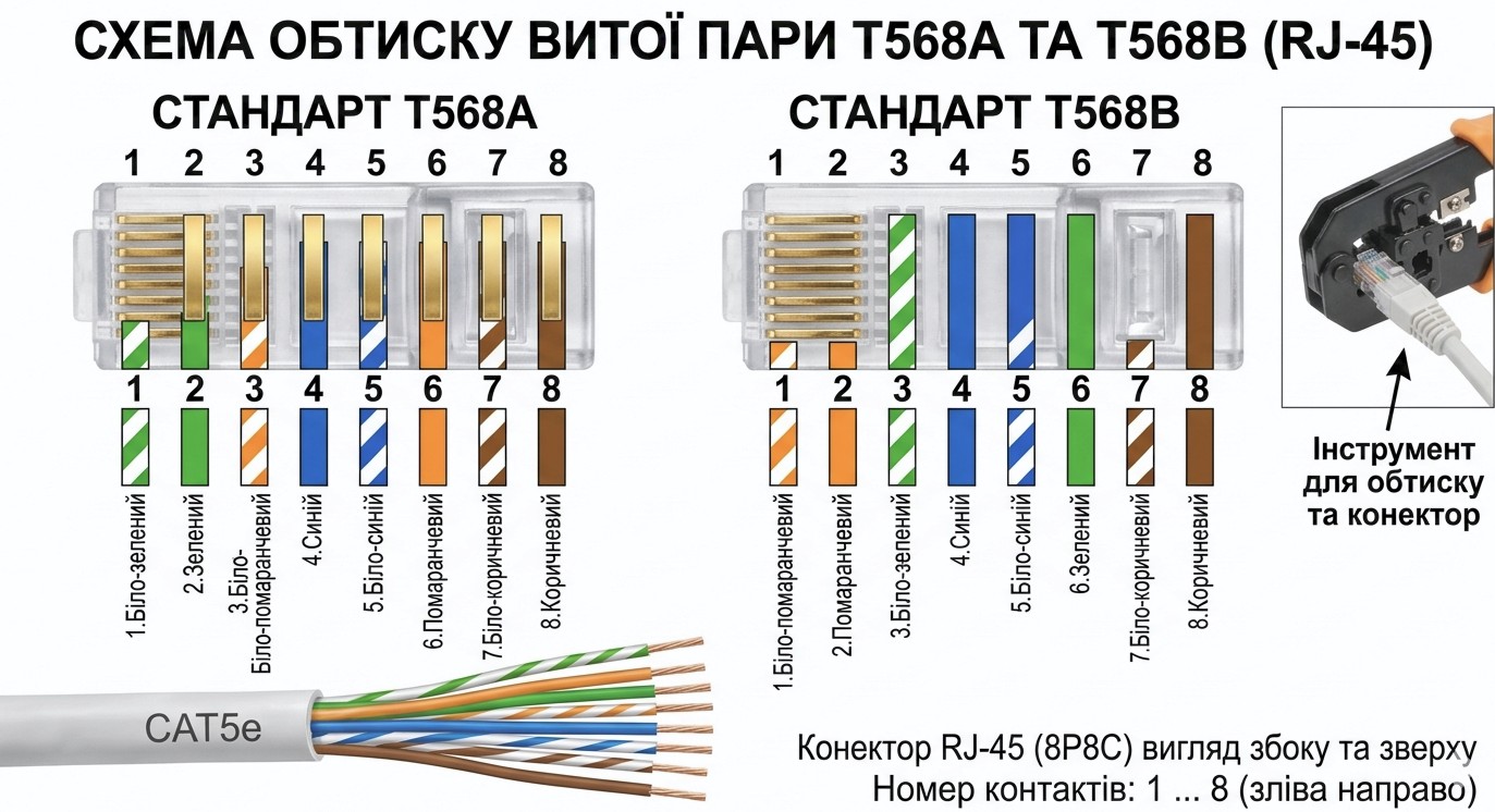 схему обтиску 568A та 568B витої пари з конектором